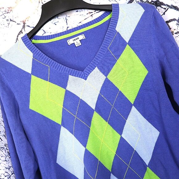 BRIGHT ARGYLE SWEATER L IZOD Blue Green Spring Light Work Office Casual Basic - Picture 1 of 11
